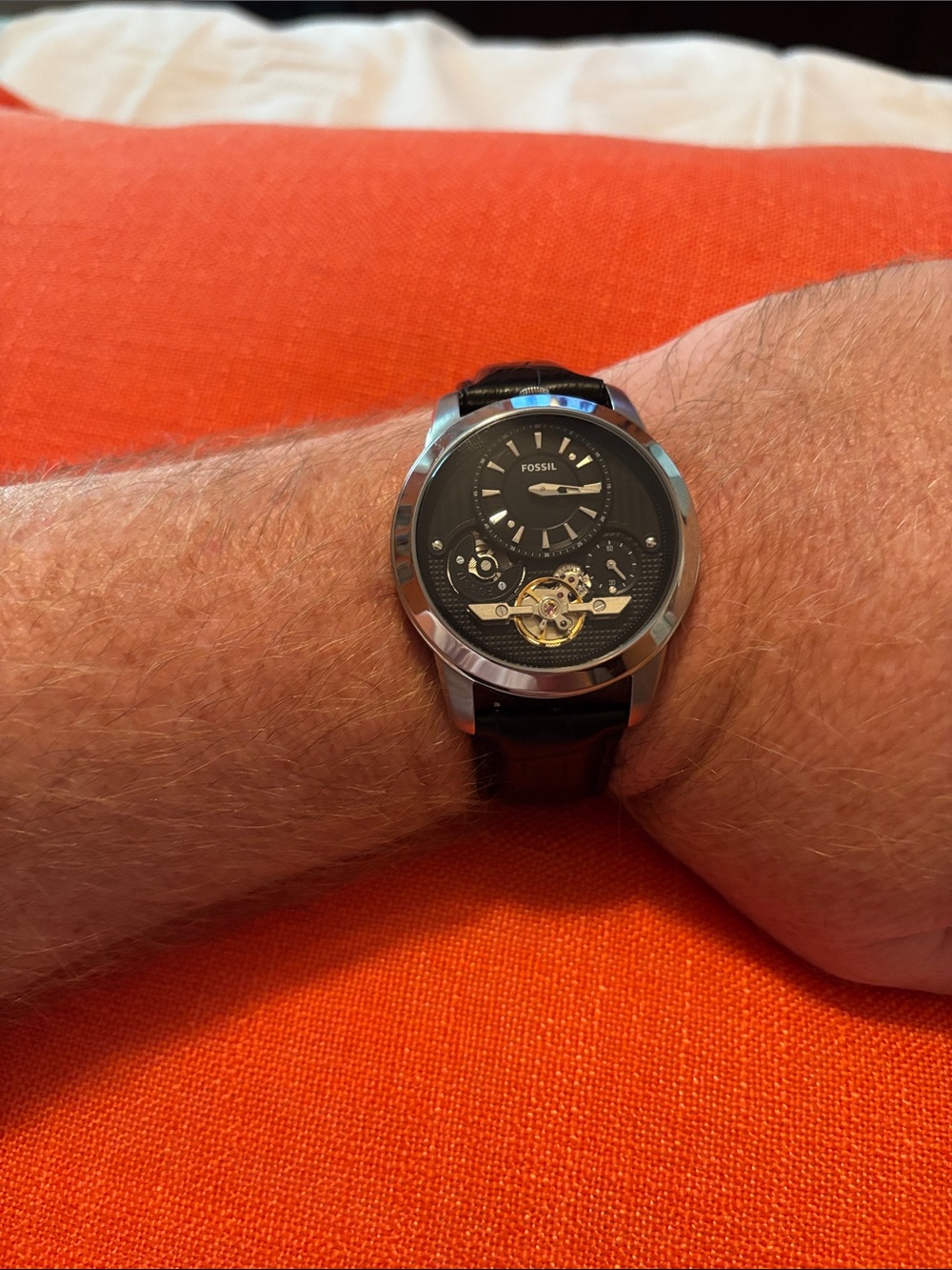 Fossil Black Dial Men's Skeleton Leather Strap Watch with Silver Case